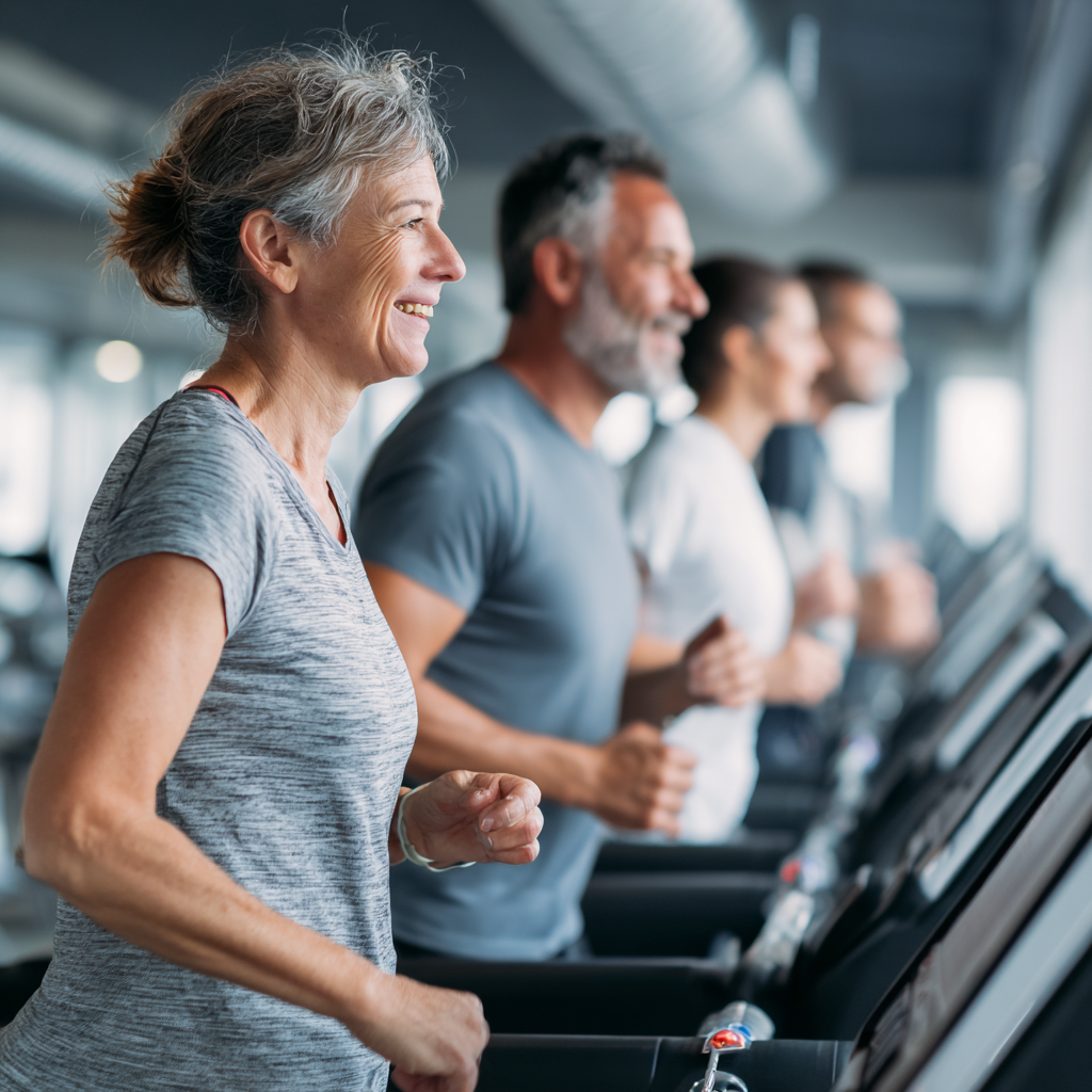 Modern fitness facility with middle-aged adults exercising